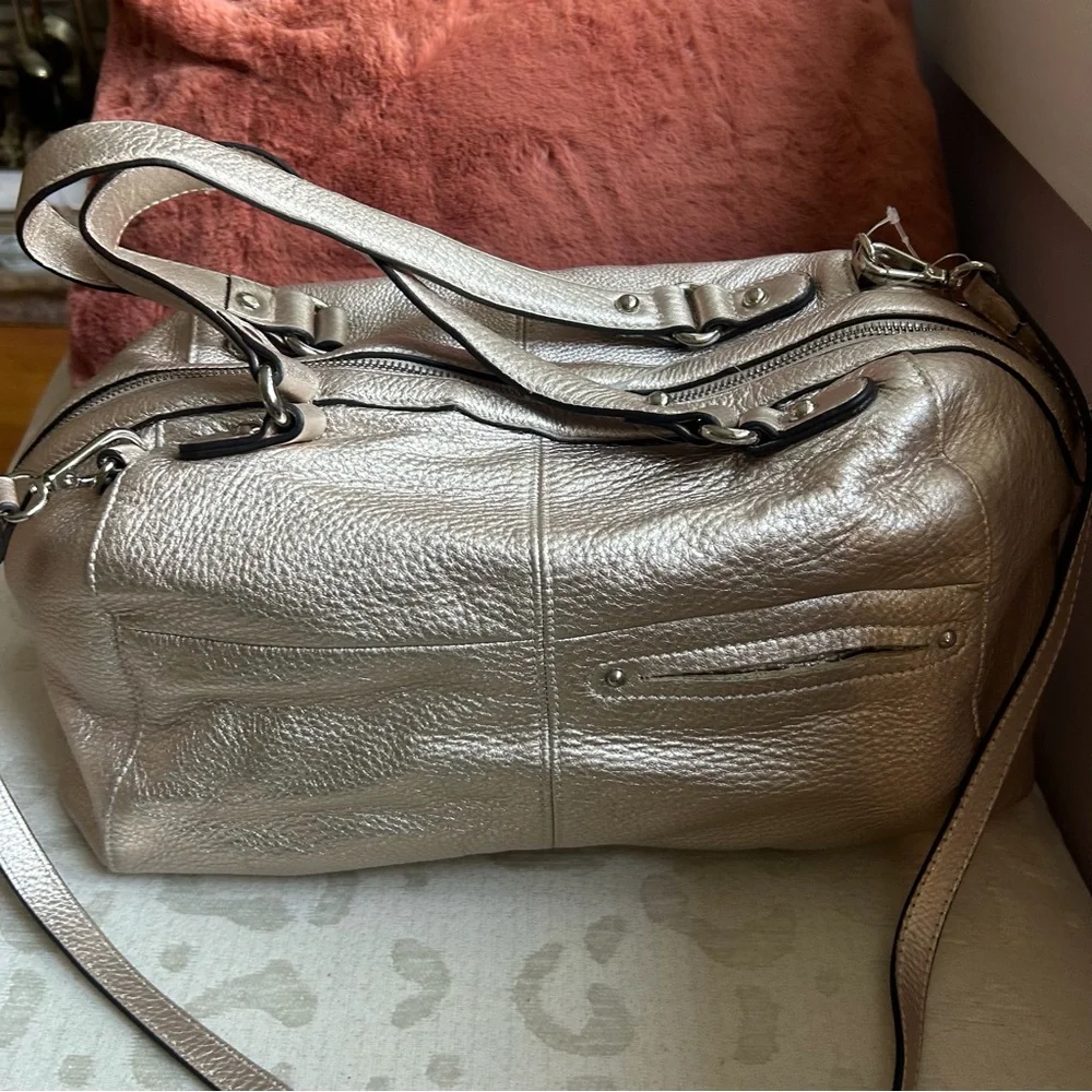 B.Makowsky Champagne Metallic Satchel Leather Crossbody Bag